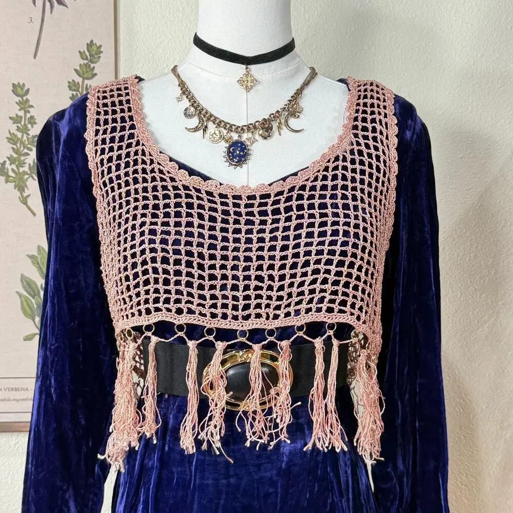 Rose Sheer Crochet Fringe Crop Top Whimsigoth Fairy Grunge Witchy Y2k Boho M